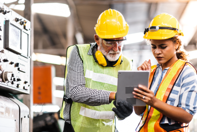 Two workers in a manufacturing facility