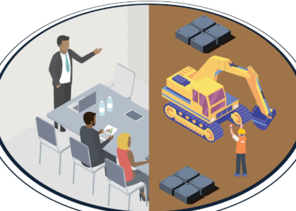 Graphic of a boardroom and construction site